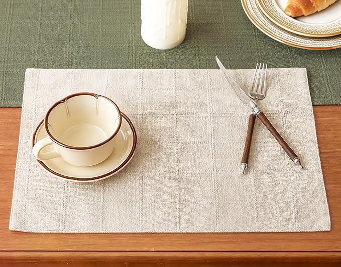 Linen Checked Placemats Set of 6, Ivory Rustic Place Mats 12x18 Inch | Raised by Aoztio