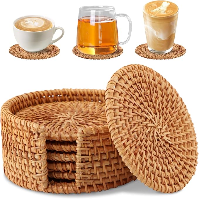 Rattan Coasters Set of 6 with Holder, 3.94 Inch Handwoven Coasters | Natural by Unknown