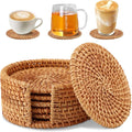 Rattan Coasters Set of 6 with Holder, 3.94 Inch Handwoven Coasters | Natural by Unknown