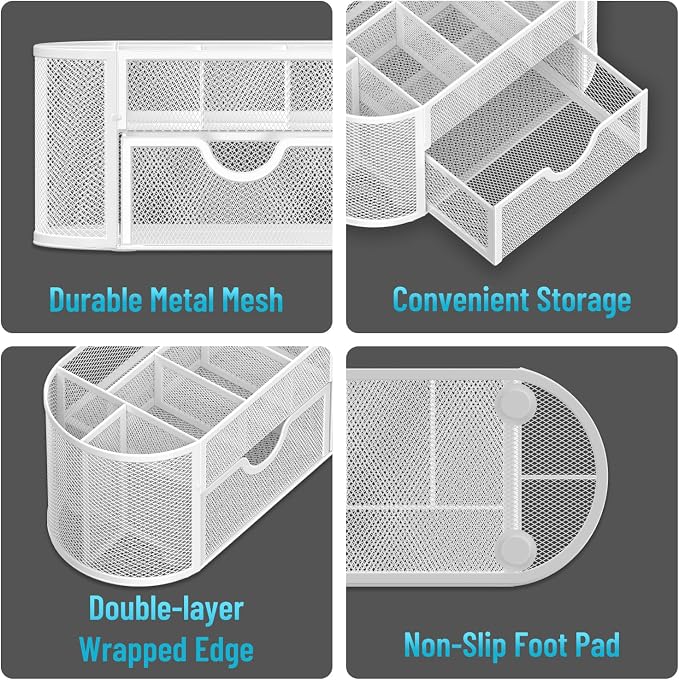 Mesh Desk Organizer with Drawer, 9-Compartment Pen Holder - Image 4
