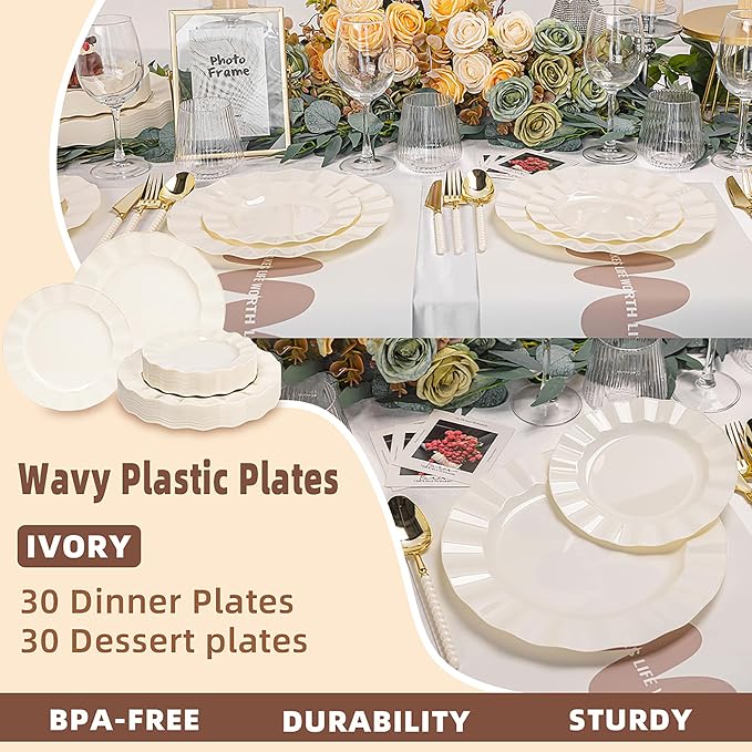 60 Pcs Ivory Plates, Wave Edge Design Disposable Plastic Plates | Disposable - Image 6
