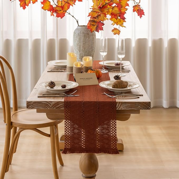 Fall Thanksgiving Boho Macrame Table Runner 12x48 Inch | Woven Burlap Rustic - Image 2