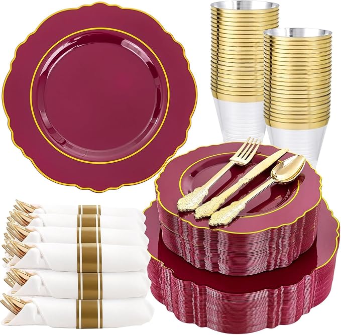 350PCS Red Plastic Plates-Disposable Burgundy Red and Gold Plates 50guest by Liacere