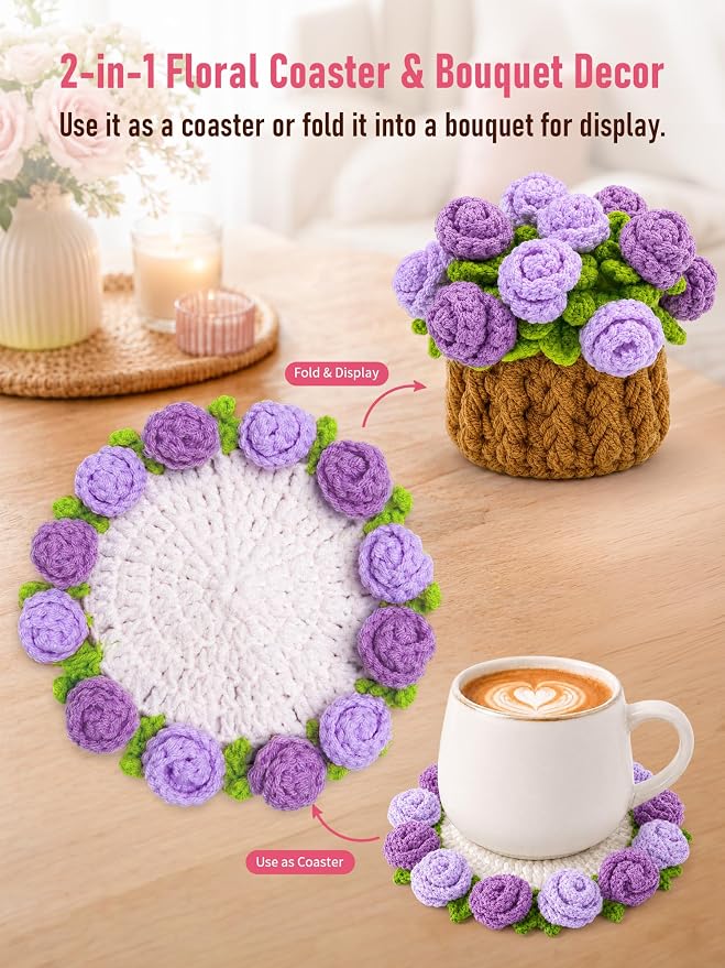 Crochet Flower Bouquet Coasters, Cotton Rose Gifts - Image 6