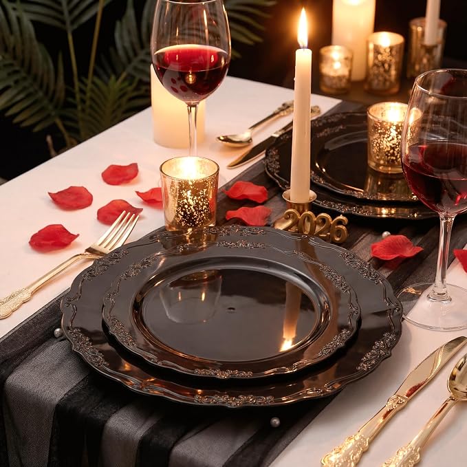 U-QE 100PCS Black Plastic Plates, Heavy Duty Black Plates Including 50PCS 10'' - Image 5