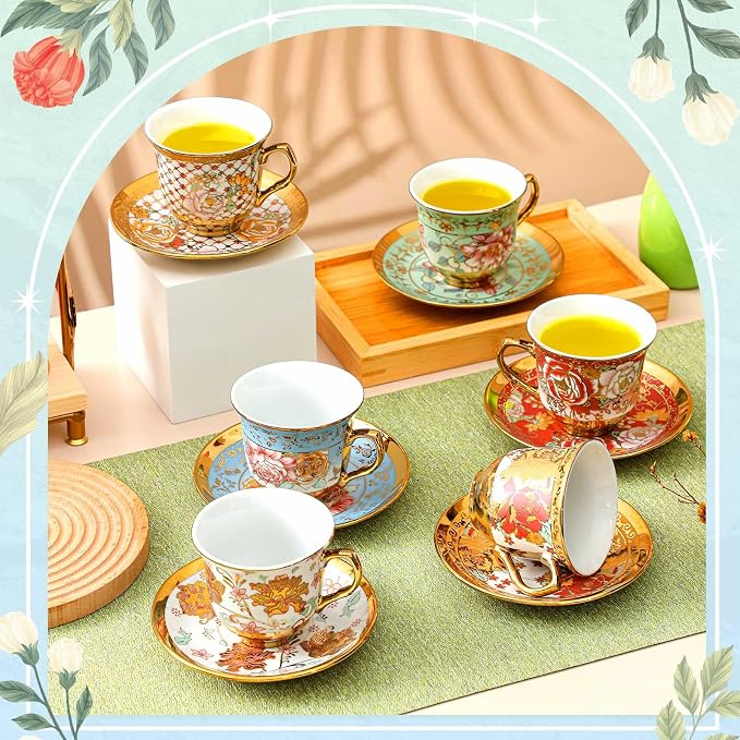 Teenyyou Set of 6 Tea Cups and Saucers Tea Party Decorations Floral Porcelain - Image 6