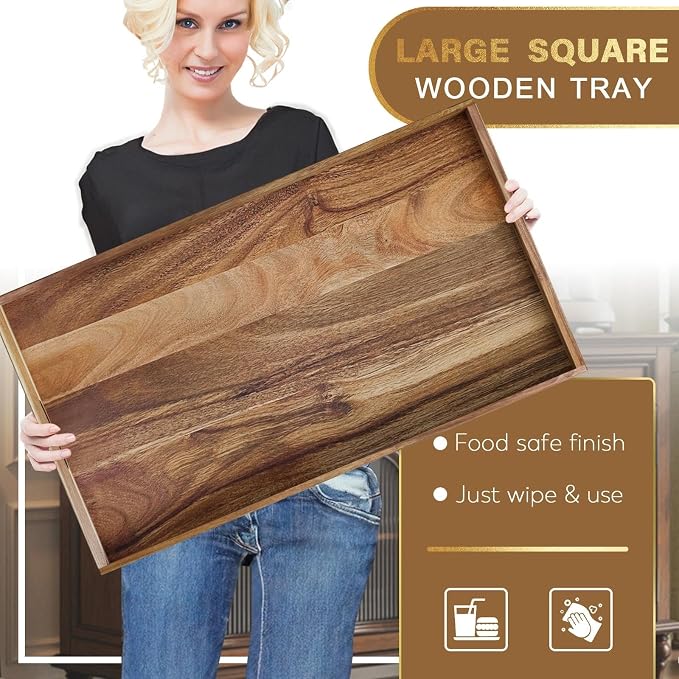 Extra Large Ottoman Tray, 32 x 18 inches Acacia Wood Serving Tray | Rectangle - Image 4