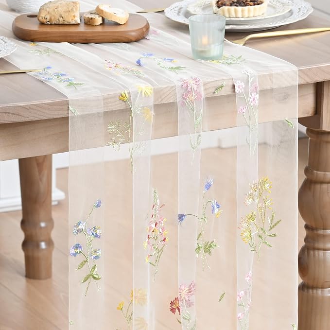Artoid Mode 3PC Wildflower Floral Milky White Gauze Embroidery Table Runner 120 by ArtoidMode