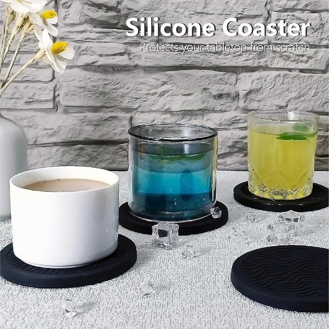 Set of 4 Black Silicone Coasters, Double-Sided Absorbent Felt & Non-Slip Cup - Image 2