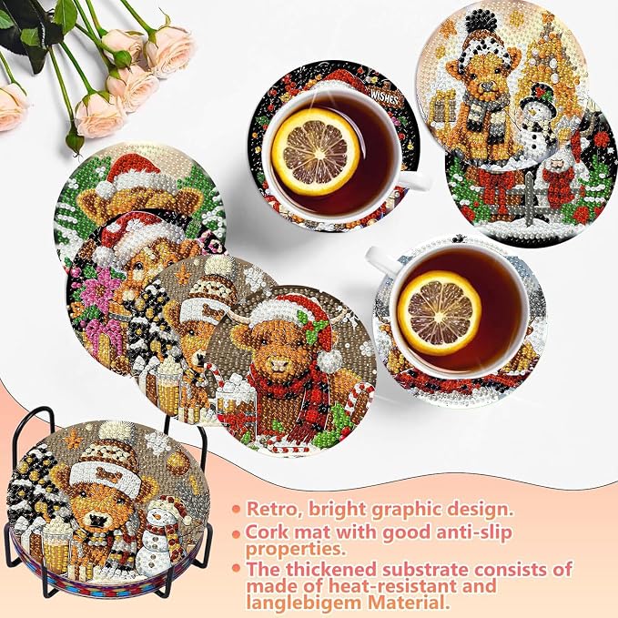 8 PCS Christmas Diamond Art Coasters Kits Highland Cows Coaster Kits | Diamond - Image 4