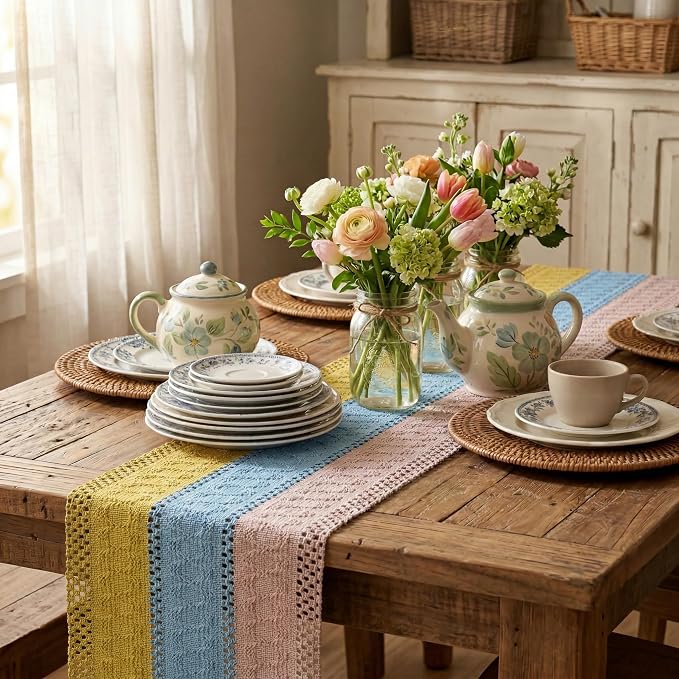 Artoid Mode Yellow Blue Pink Farmhouse Rustic Table Runner 12x90 Inch | Holiday - Image 4