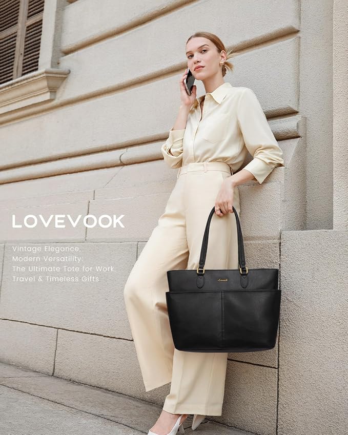 LOVEVOOK Work Tote Bag for Women, Vintage Leather 17.3 Inch Laptop Bags - Image 2