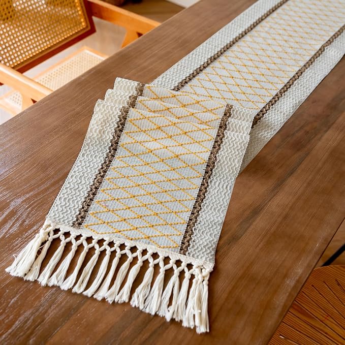 EMMTEEY Macrame Table Runner Boho Style 36 Inches Long, Hexagonal Yellow | - Image 3