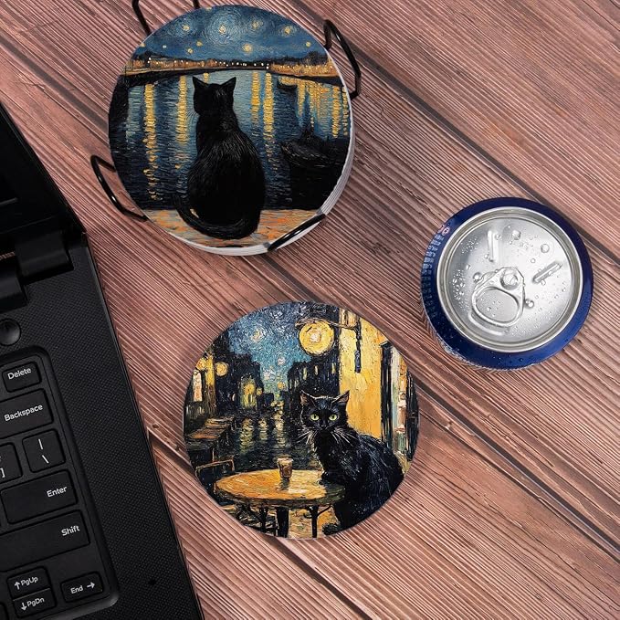 Drink Coasters for Drinks Set of 6, Art and Black Cat Absorbent Round Ceramic - Image 4