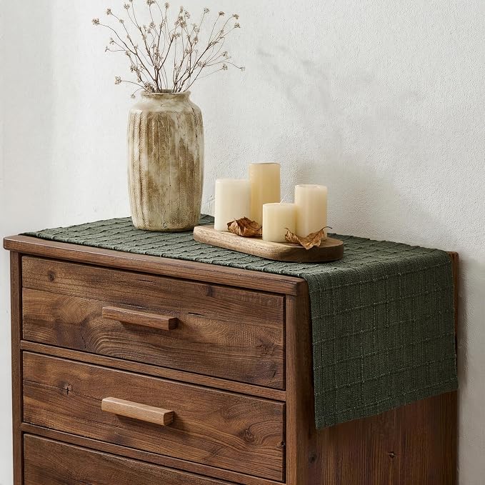 Artisanal Grid Linen Table Runner, 13x108 Inches Army Green | Heavy Textured - Image 3