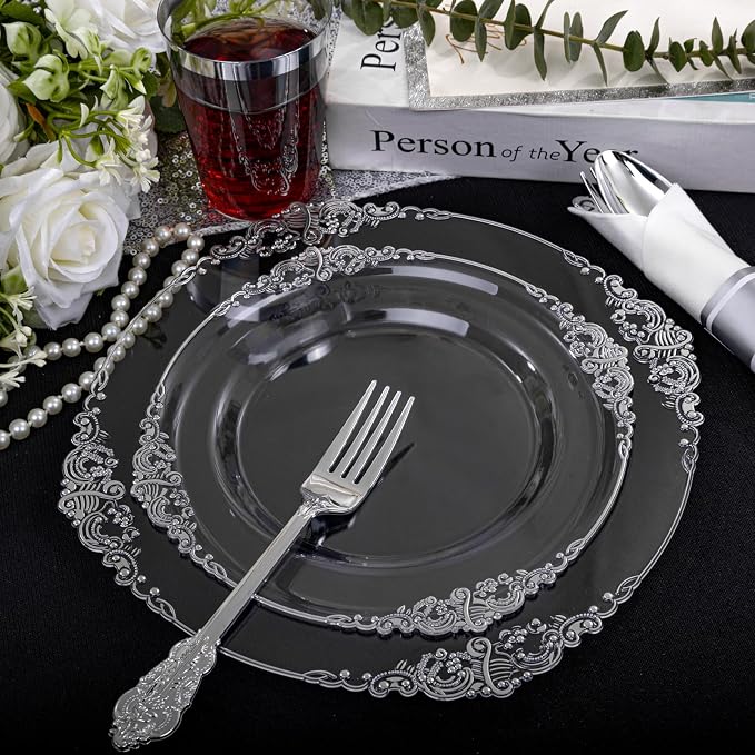 Morejoy 350PCS Clear Silver Plastic Plates - Image 9