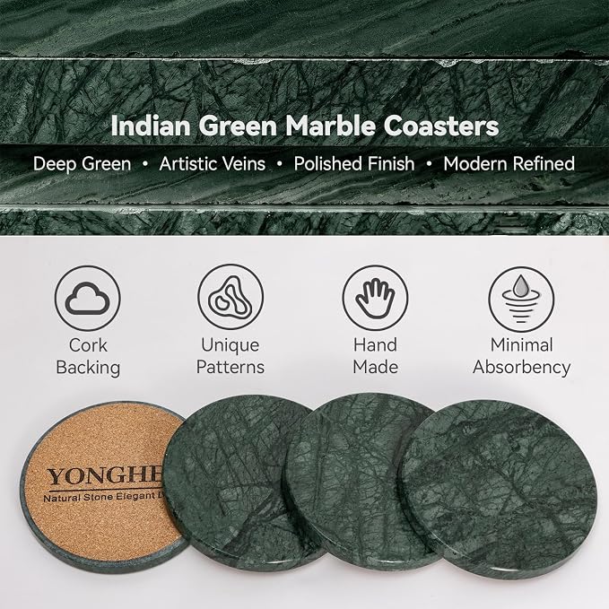 Dark Green Marble Coasters Set of 4, Modern Luxury Drink Coaster - Image 3