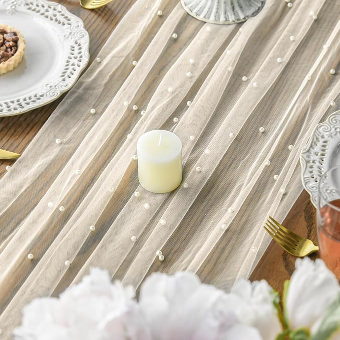 Artoid Mode 6PCS Pearl Beige Gauze Table Runner 120 Inch 10FT, Seasonal Sheer - Image 6