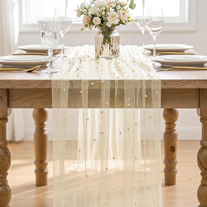 Artoid Mode 6PCS Pearl Champine Gauze Table Runner 120 Inch 10FT, Seasonal - Image 2