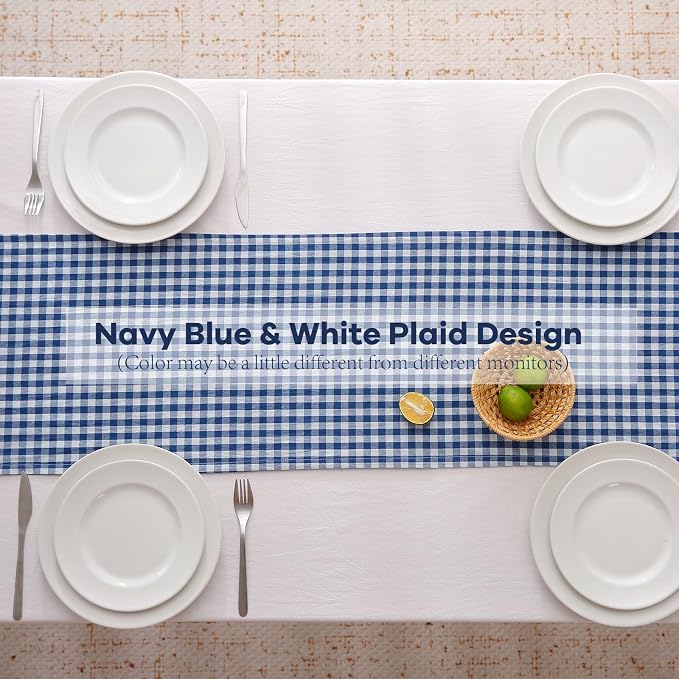 Navy Blue White Plaid Gingham Ruffle Table Runner 90 inches Long 100% Washed - Image 4
