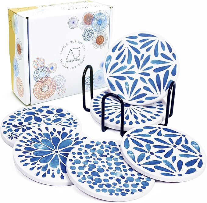 AD Set of 6 Coasters for Drinks Absorbing Round Ceramic Stone Coaster by AD