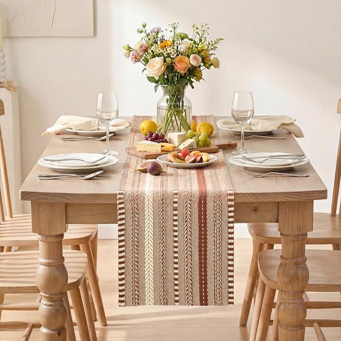Artoid Mode Caramel Farmhouse Stripe Braided Table Runner 12x90 Inch | Holiday - Image 2