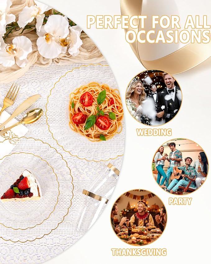 YOUBET 175PCS Clear and Gold Scalloped Plastic Plates - Image 7