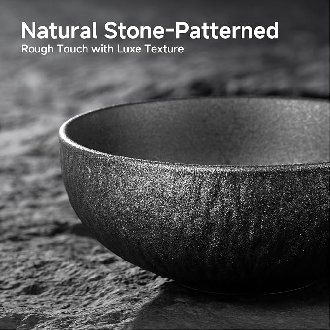 Bowl Set of 4, 20.4 oz Matte Marble Pattern Stoneware Soup Bowls | Black - Image 3
