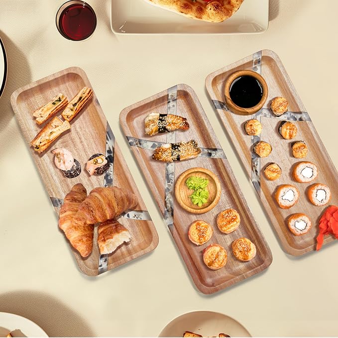 Resin Inlay Acacia Charcuterie Cheese Trays 3 Pack 14x5.5 in | Solid Natural - Image 4