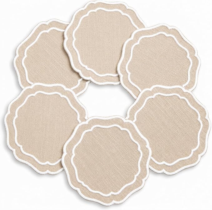 Linen Coasters for Drinks, 4.5 inch, Taupe | Absorbent Linen Drink Mats by EmbroideryLinenVN