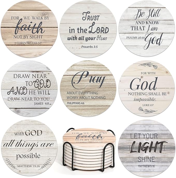 Billbotk Ceramic Coasters with Bible Verses, Christian Coasters Set of 8 with by Billbotk