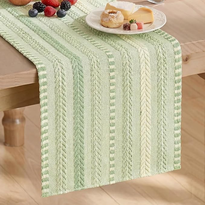 Artoid Mode Sage Green Farmhouse Stripe Braided Table Runner 12x72 Inch | by ArtoidMode