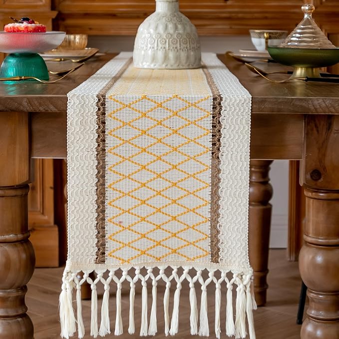 EMMTEEY Macrame Table Runner Boho Style 94 Inches Long, Hexagonal Yellow | - Image 5