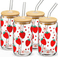 Glass Cups with Lids and Straws with Design Strawberry 4 pcs, Glass Tumbler by DWTSDANWEITESI