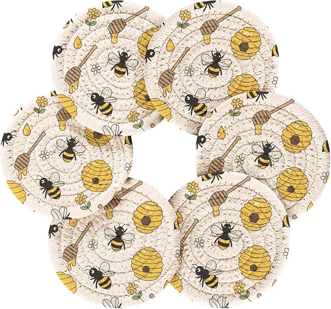 Bees Honeycomb White Print Coasters - Image 2