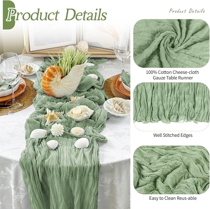 6 Pack Sage Green Cheesecloth Table Runner 17x108 Inch Semi Sheer Boho Gauze - Image 5
