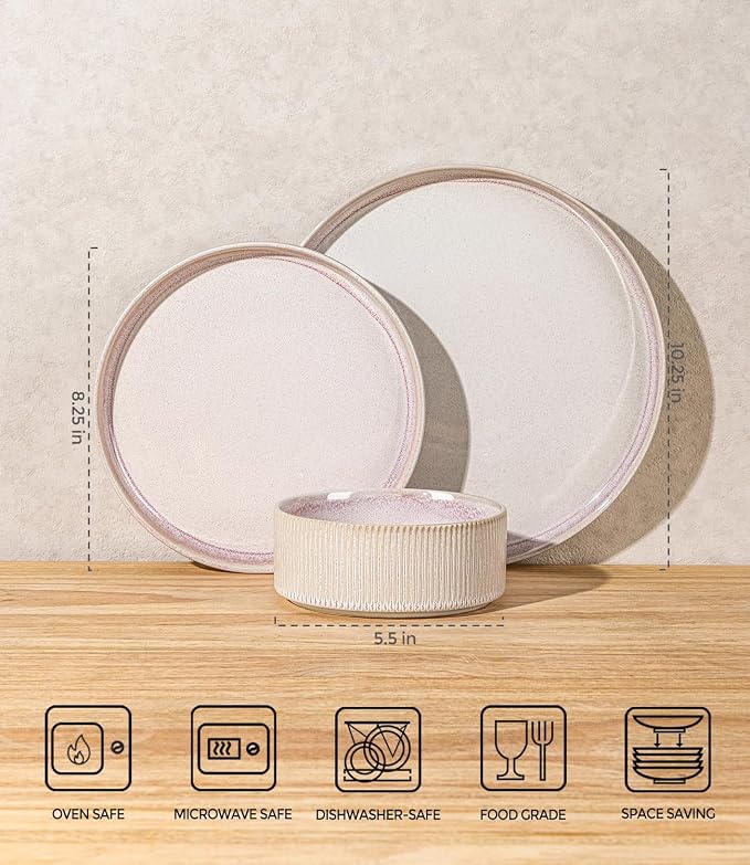 Ceramic Dinnerware Set for 4, 12-Piece Plates and Bowls Set | Lightweight - Image 7