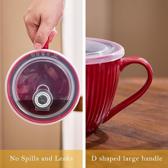 Red Ceramic Soup Bowl with Handle & Lid, 24oz Jumbo Soup Mug - Image 5