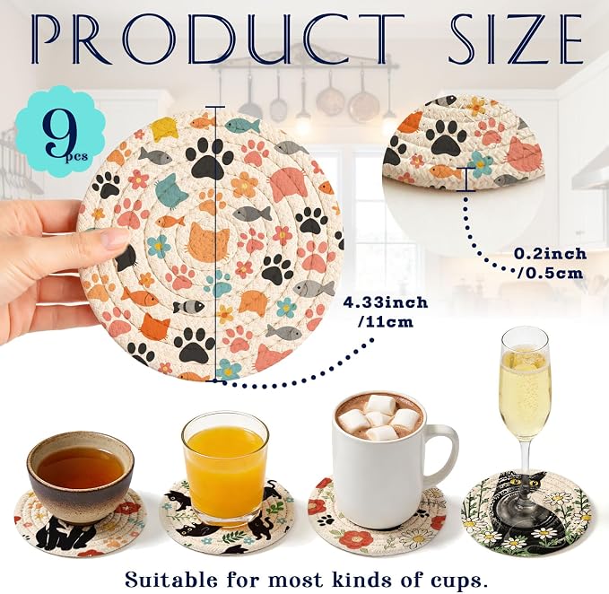Cotton Woven Coaster Set of 9, 4.3In Fabric Coasters - Image 2