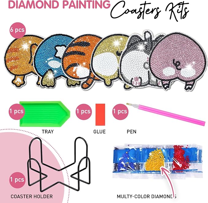 6 pcs Diamond Painting Coasters | Diamond Art Coasters | Animal Butt Diamond - Image 3