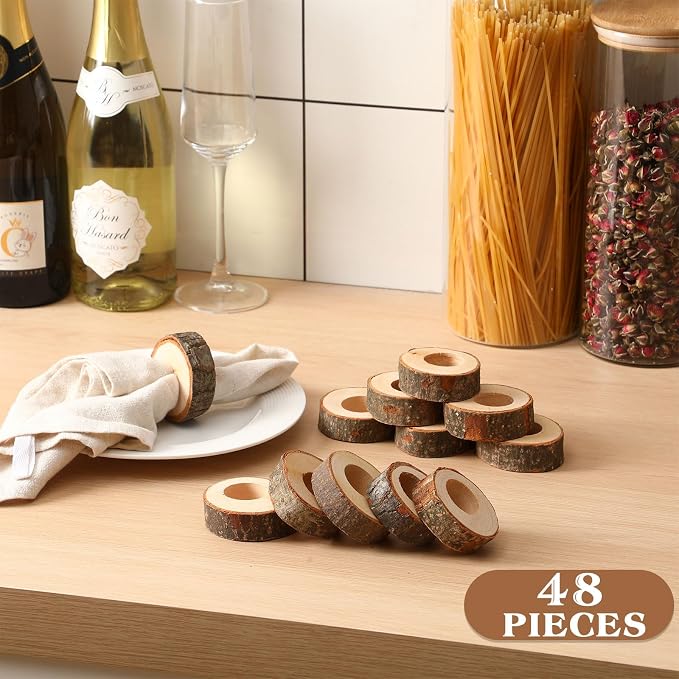 Tessco for you Set of 48 Handmade Wood Napkin Rings, Round Bark Napkin Ring - Image 3