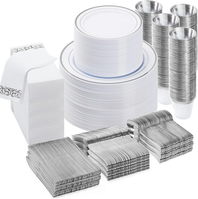 BESTVIP 700 PCS Disposable Silver Plates and Silverware Set by Bestvip