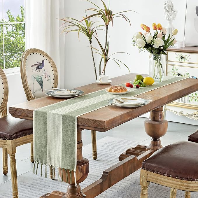 Wracra Linen Table Runner, Stripe Table Runners 48 Inches Sage Green | Delicate - Image 7