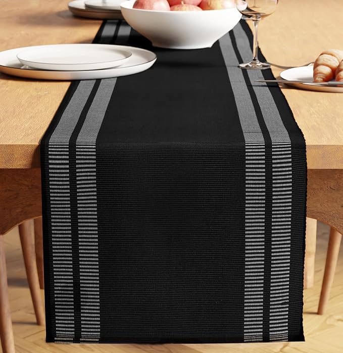 Encasa XO Table Runner, Yarn Dyed Ribbed Cotton 13"x120" | Ladder Black by EncasaXO