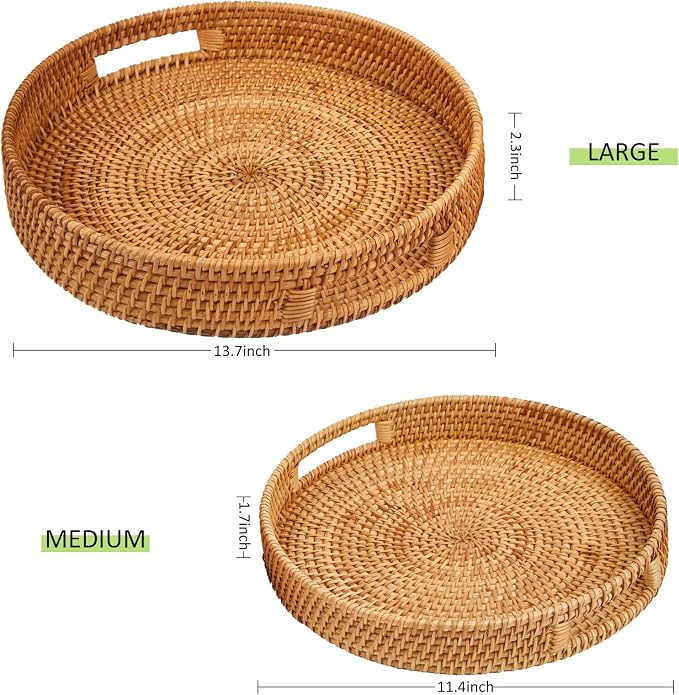 Round Rattan Serving Tray with Handles, Hand Woven Basket, Home Decor Organizer - Image 2