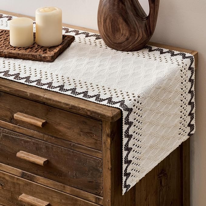 Macrame Side Trim Boho Woven Table Runner, Chocolate 12x48 Inch | Crochet by ZEEMARTONLINE