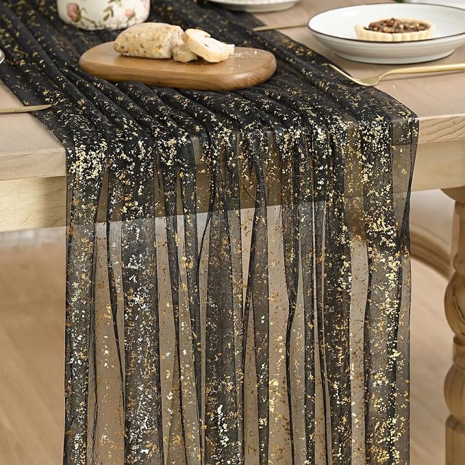 Artoid Mode Black Gold Gauze Table Runner 59x120 Inch 10FT, Glitter Metallic by ArtoidMode