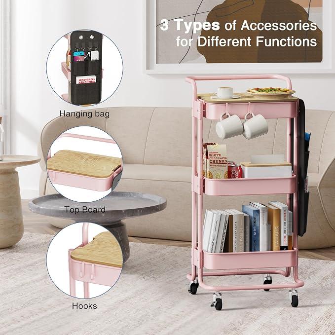 DTK 3-Tier Rolling Cart with Table Top, Metal Utility Cart with Side Bags | - Image 5