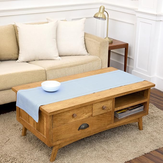 Solino Home 100% Pure Linen Table Runner Blue, Classic Hemstitch 14 x 60 in | by SolinoHome