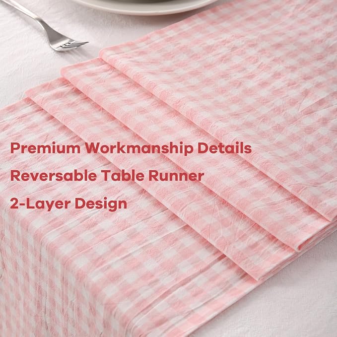 Peachy Blush White Plaid Gingham Ruffle Table Runner 108 inches Long 100% - Image 5